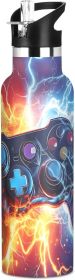 Game Controller Fire Electric Spark Water Bottles for Boys Kids Stainless Steel Bottle Cups with Straw Lid Leakproof Insulated Flask Jug 20 oz