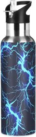 Dark Blue Electric Lightning Water Bottle Kids Boys Girls Insulated Stainless Steel Hot Cold Water Flask Straw Lid for Sports 20 oz