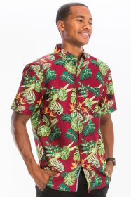 Weiv Mens Print Hawaiian Button Down Shirt (Color: BURGUNDY, size: M)